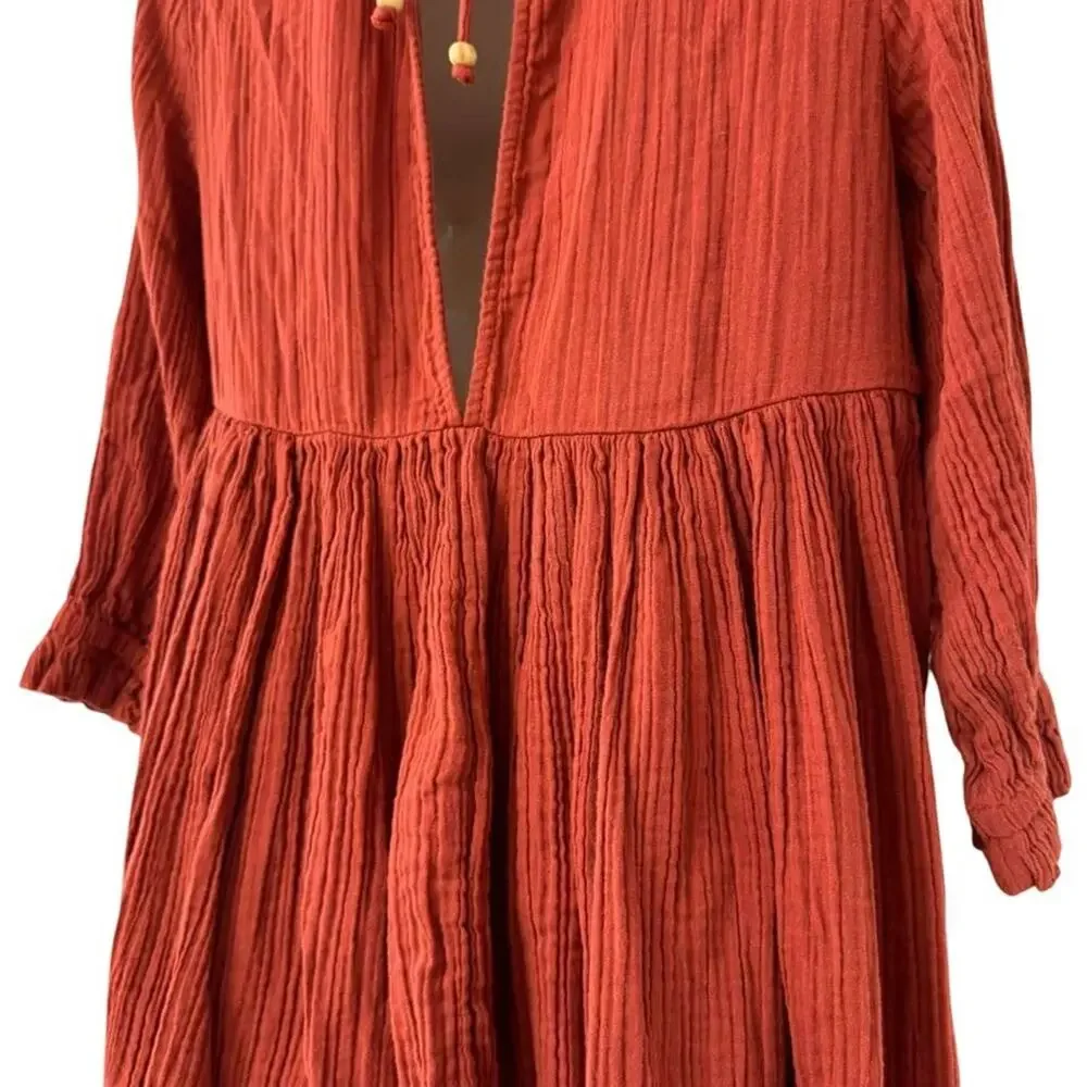 Free People Mini Oversized 3/4 Sleeve Gauze Dress Dark Orange 100% Cotton sz XS